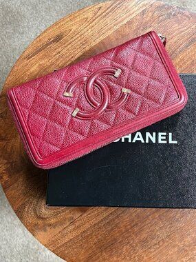 CHANEL Caviar Quilted Large Filigree Zip Around Wallet Red